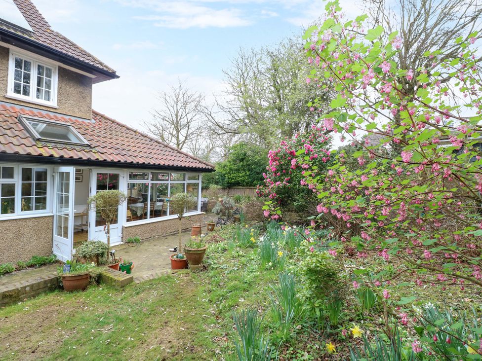 A garden with flowering plants and a house at Beckhythe Cottage Overstrand