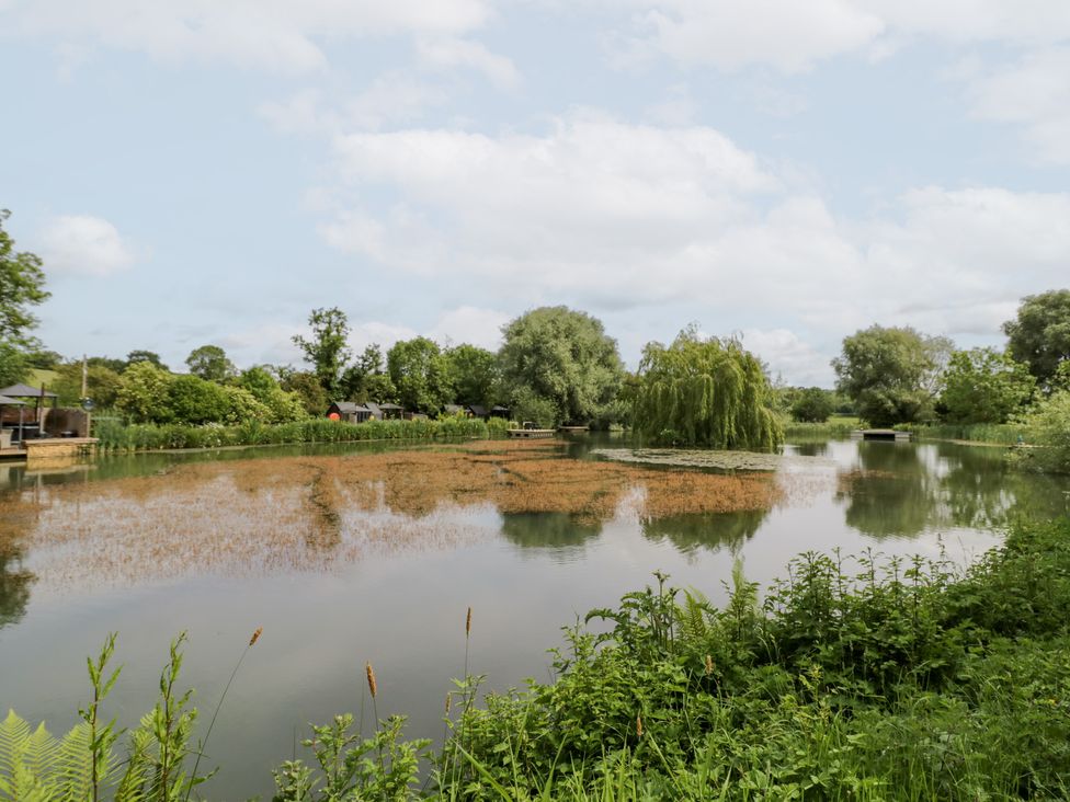 A lake surrounded by trees and grass at Acorn Lodge At Bridge Lake Farm & Fishery Chacombe