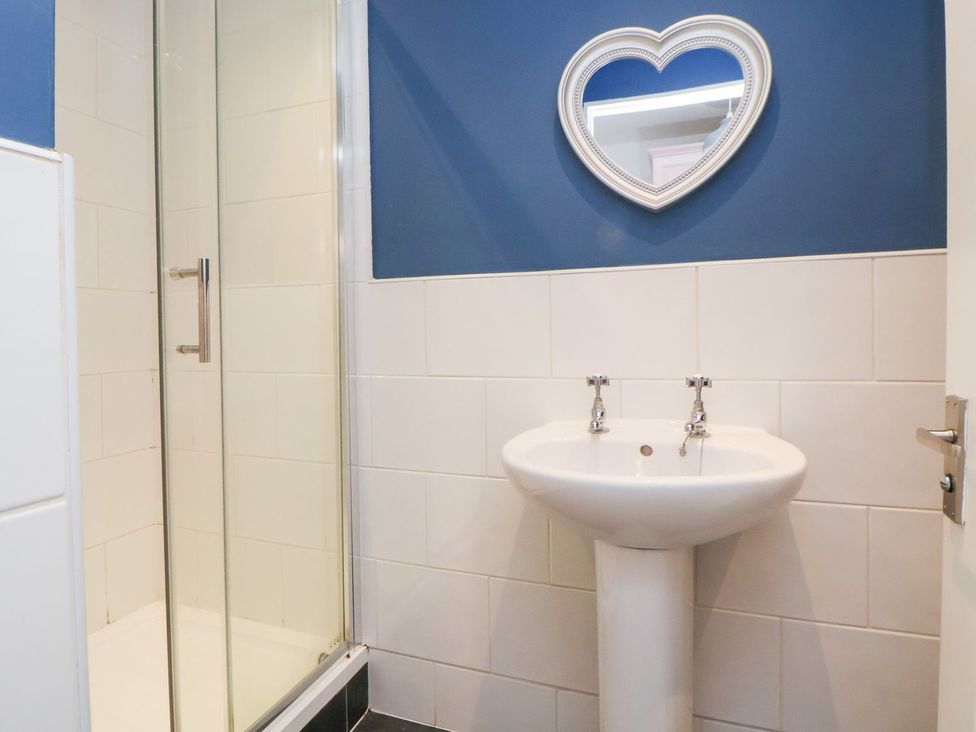 A shower and sink in a bathroom at Castellolwg