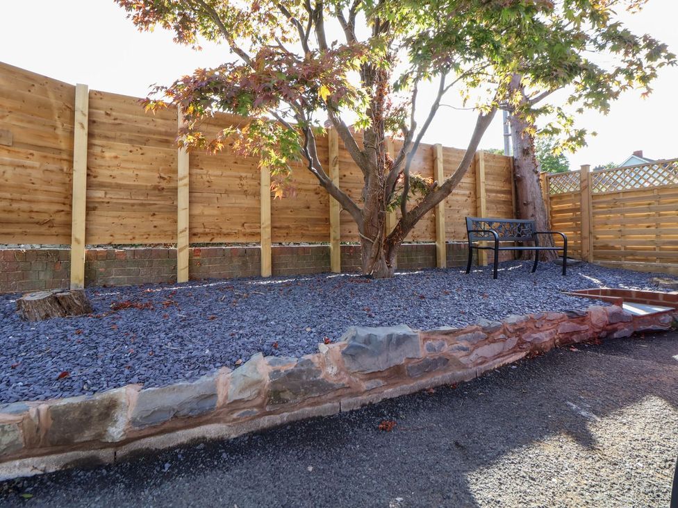 A garden with a tree and bench at Castellolwg