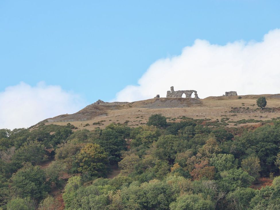 Ruins on a hillside with trees and a blue sky at Castellolwg