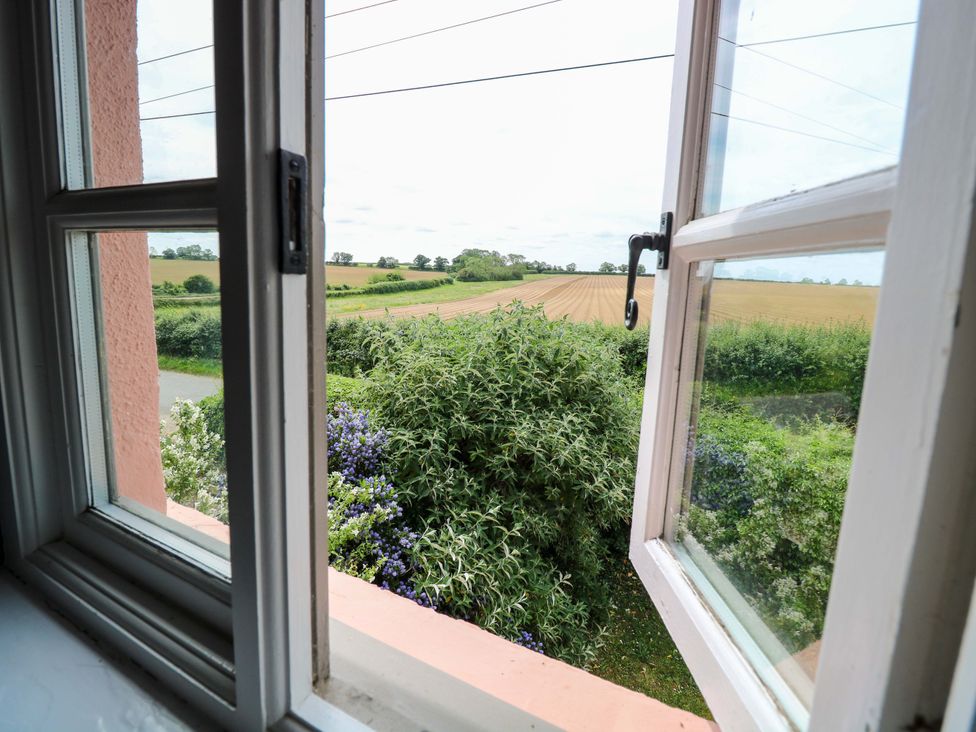 A view from a window showing fields and bushes at The Mallows in Walsingham