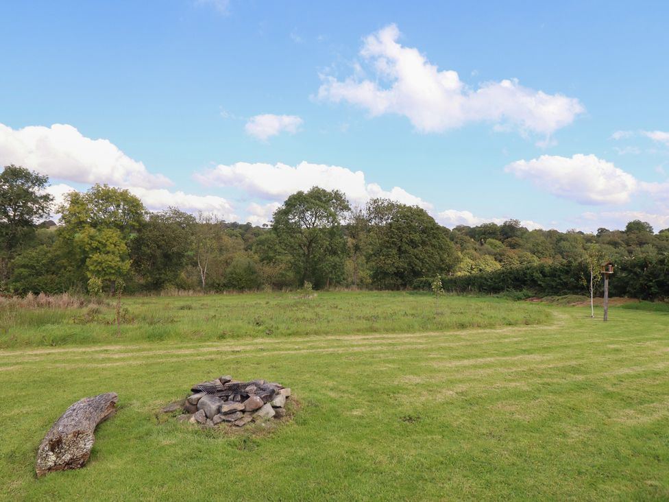 An outdoor area with a fire pit and surrounding trees at Embden Pod at Banwy Glamping, Llanfair Caereinion
