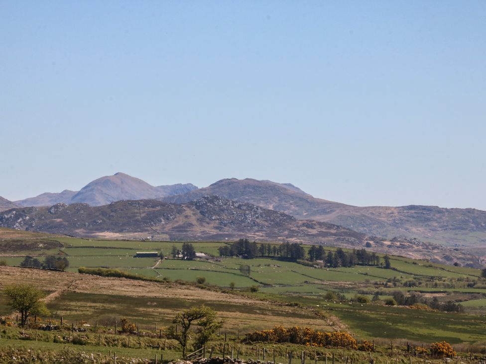 A landscape view of mountains and fields at Ty Coch, Llanaelhaearn near Trefor, Caernarfon