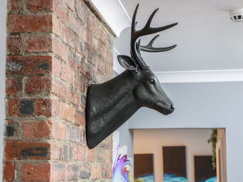 A deer head mounted on a brick wall in a living room at Shotts Cottage in Stirling
