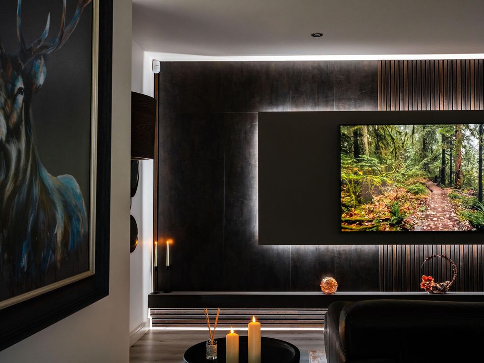 A living room featuring a television and artwork at Heilan Roo in Killiecrankie near Pitlochry and Blair Atholl