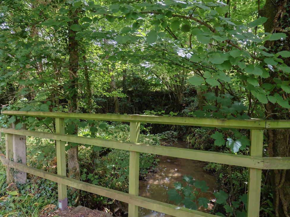 A wooden bridge over a stream surrounded by trees at The Old Bakery South Perrott near Mosterton