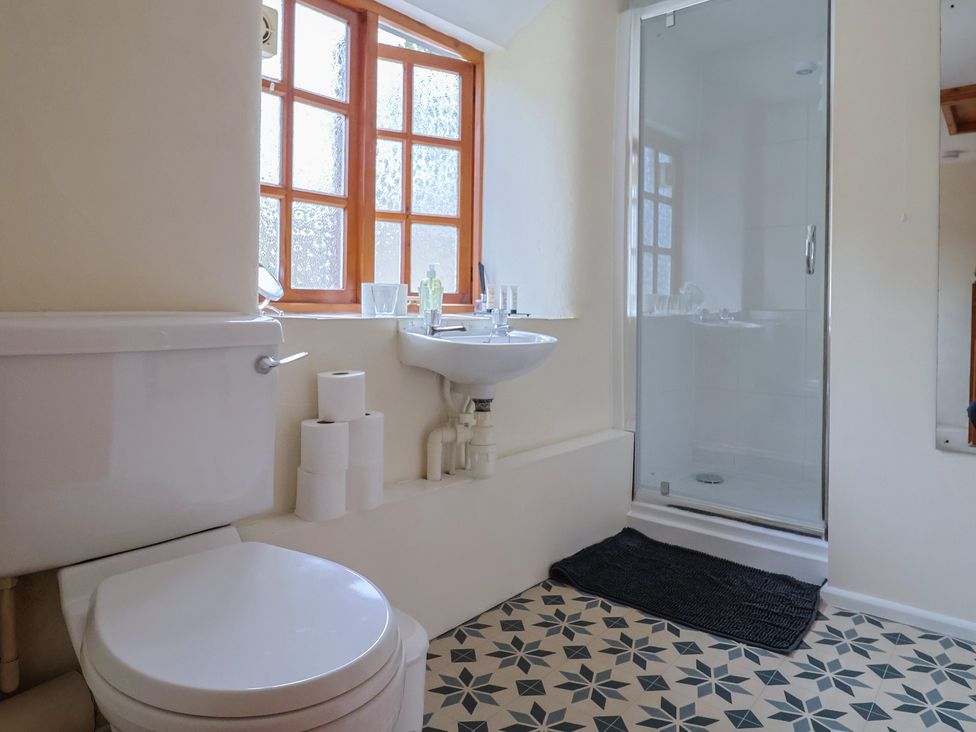 A bathroom featuring a toilet, sink, and shower at Jasmine Cottage South Perrott near Mosterton