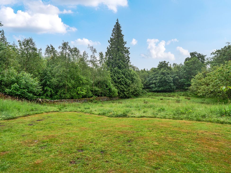 A garden with trees and stone wall at Home Farmhouse at the Graythwaite Estate near Hawkshead