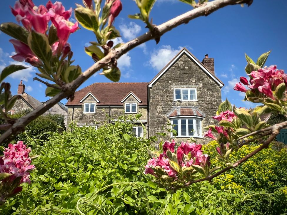 A house with flowers in the foreground at Samstone in Donhead St. Mary near Ludwell