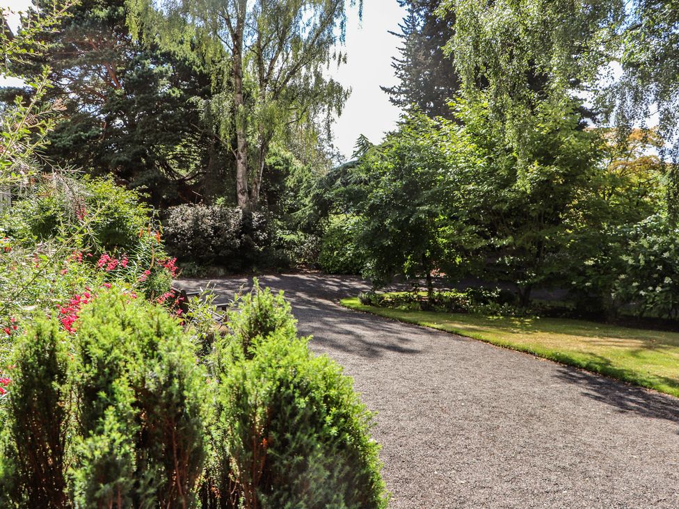 A garden with pathway and trees at Branklyn Garden Cottage in Perth