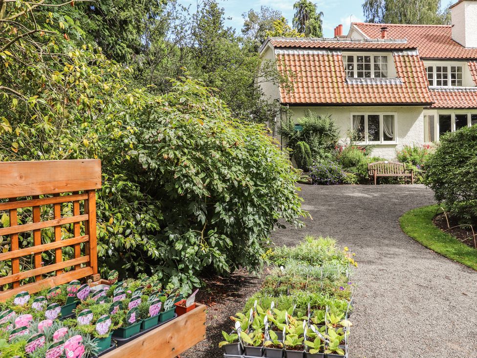 A garden with plants and a house at Branklyn Garden Cottage in Perth
