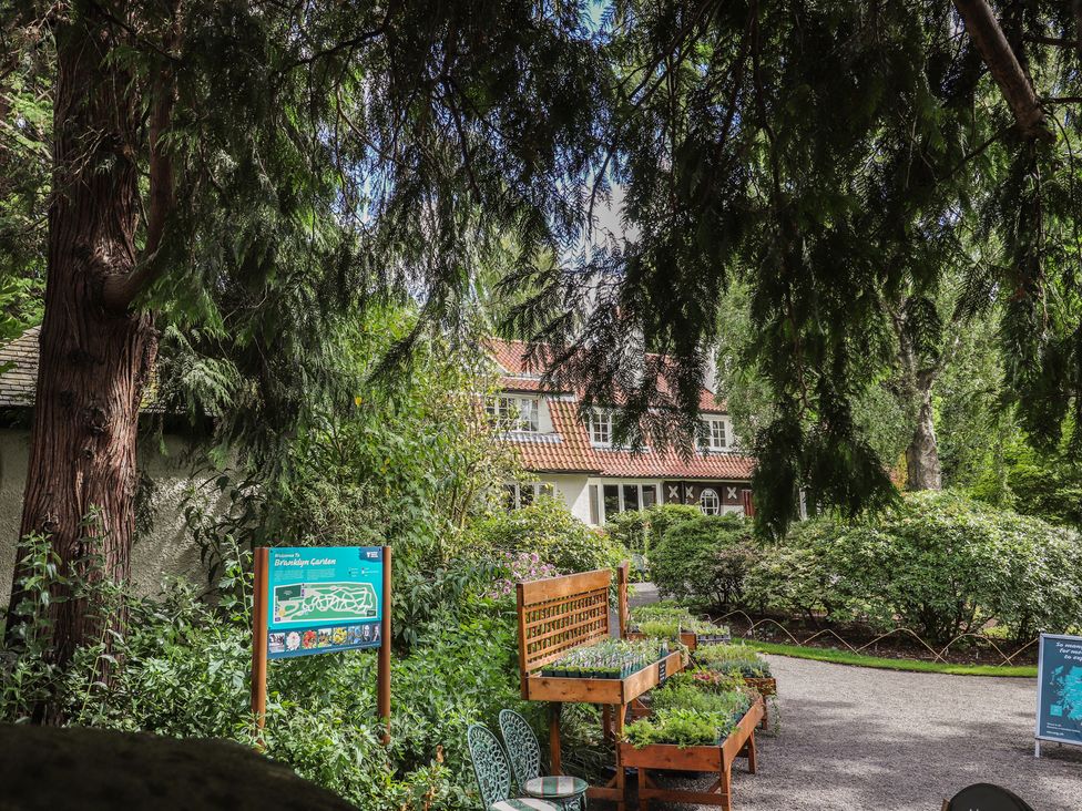 A garden view with trees and a house at Branklyn Garden Cottage in Perth