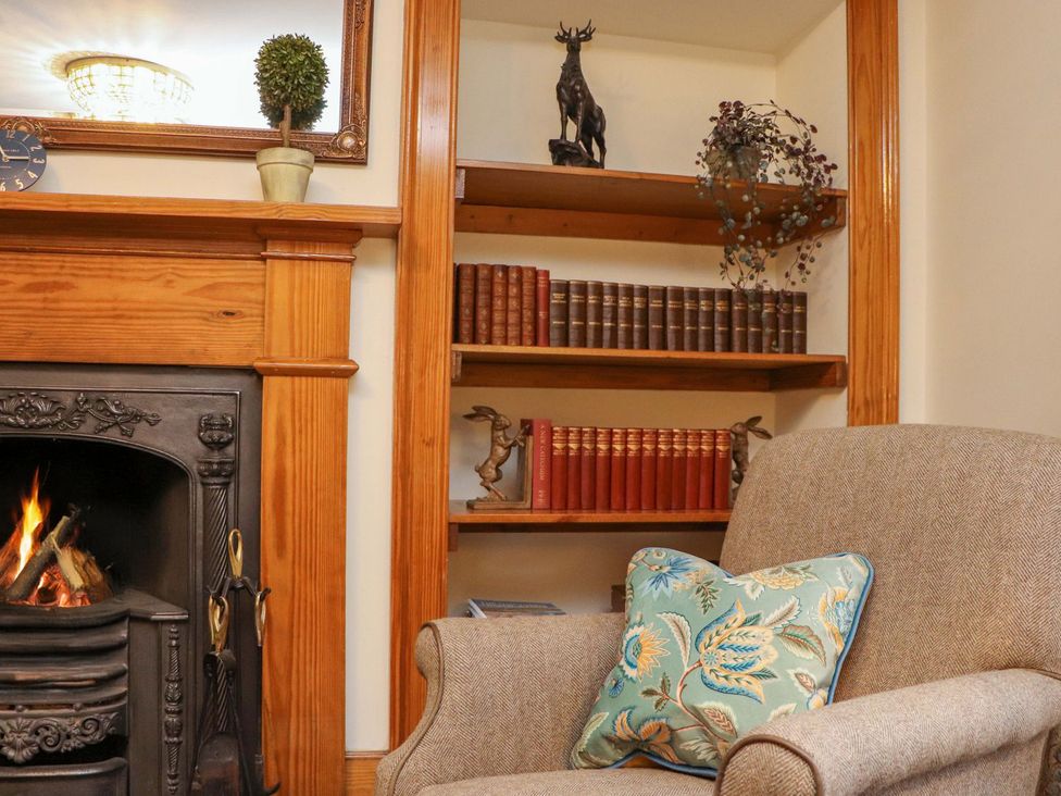 A living room with a fireplace and bookshelves at Paye House - Cromarty