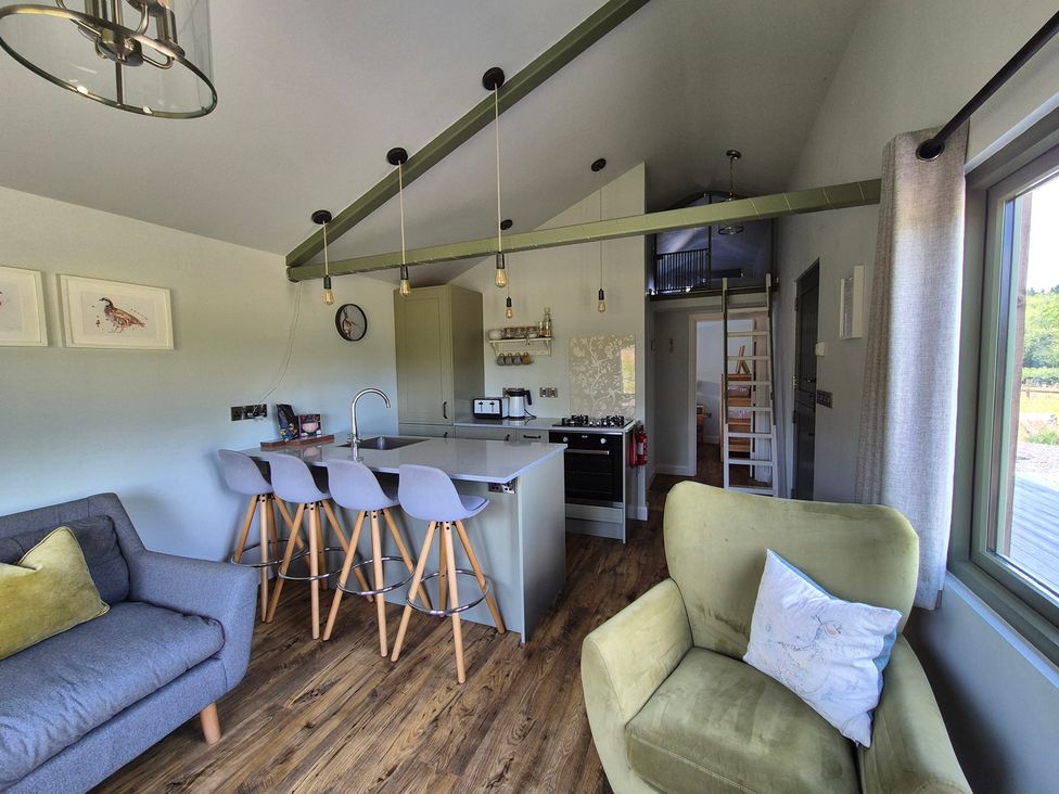 A living room with a kitchen area and a ladder at Birch Banc Retreats - Bedw in Llanidloes