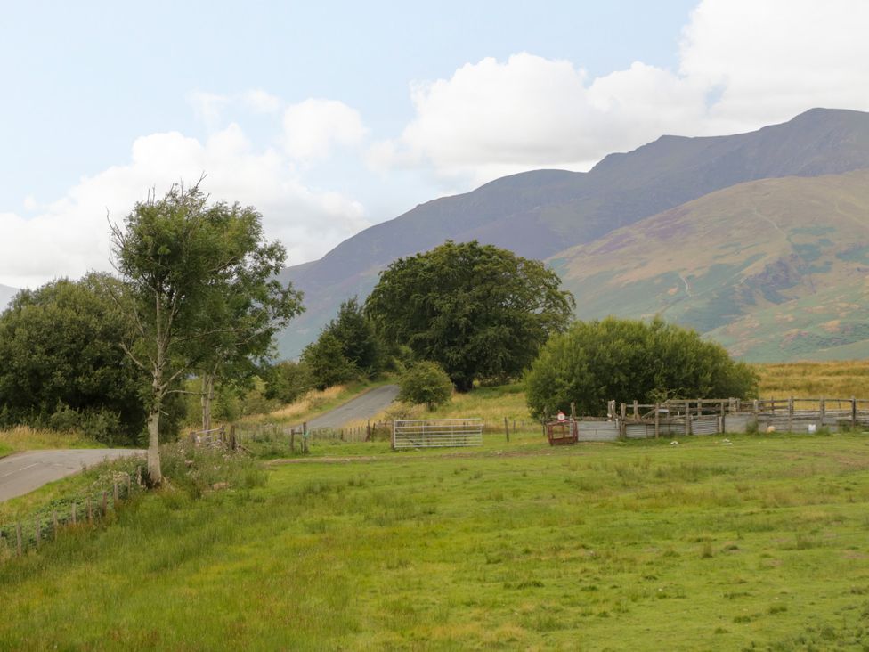 A field with trees and a road at Sherriff, Troutbeck, near Keswick