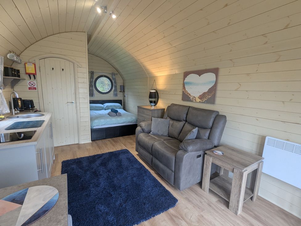 A studio with a sofa, kitchenette, and bed at Stapeley Pod White Grit near Chirbury