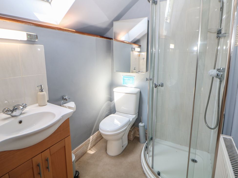 A bathroom with a shower and sink at Green Farm Stables near Hognaston