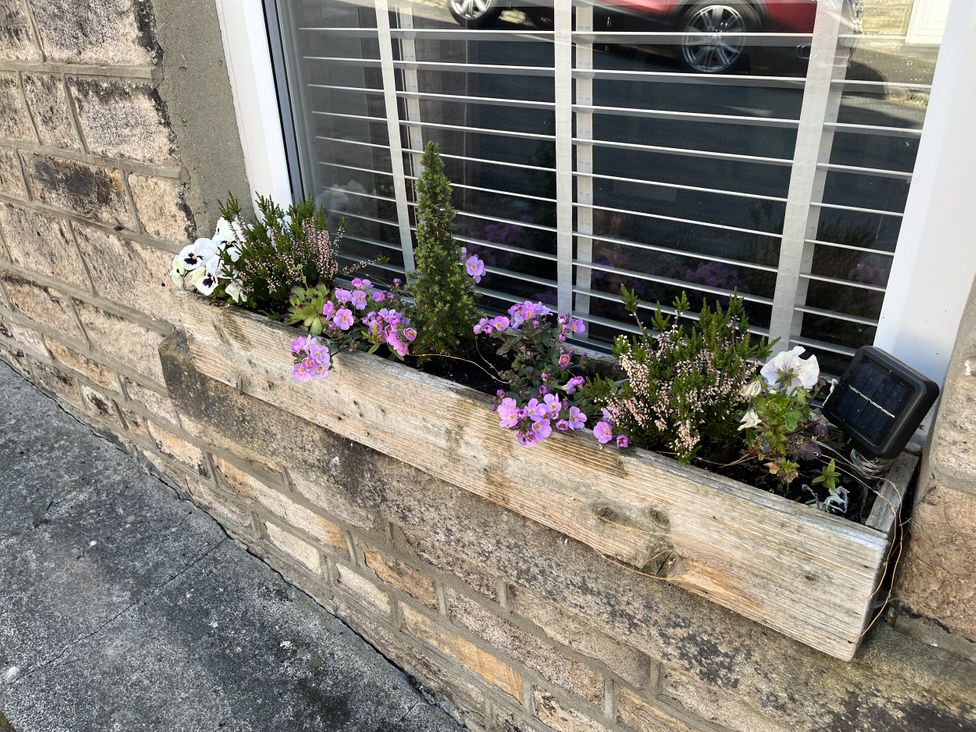A window box with various flowers next to a window at Bracken Cottage in Stanhope