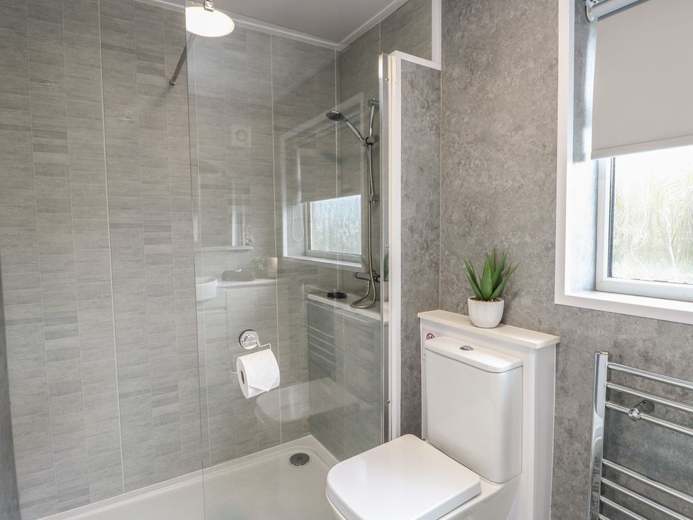 A bathroom with a shower, toilet, and sink at Glasfryn in Holyhead