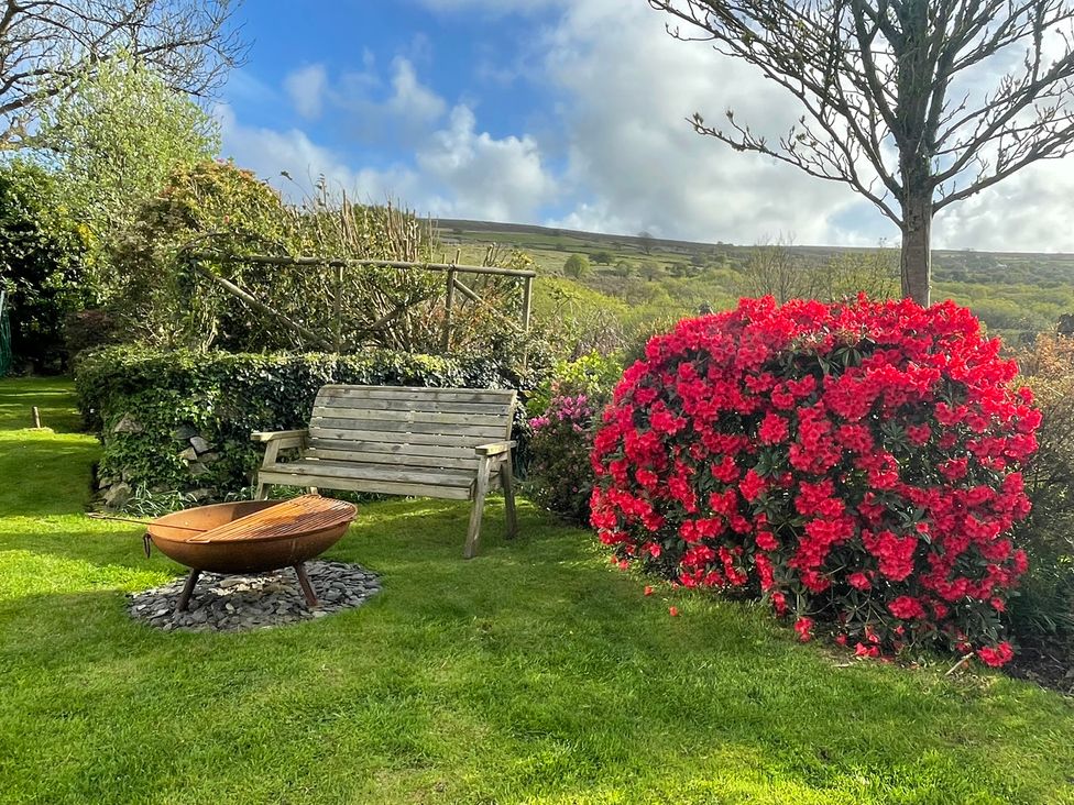 A garden with a bench and fire pit at Penllain Newport, Pembrokeshire