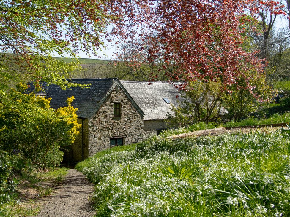 A stone house surrounded by greenery and flowers at Carrows Stable Morwenstow