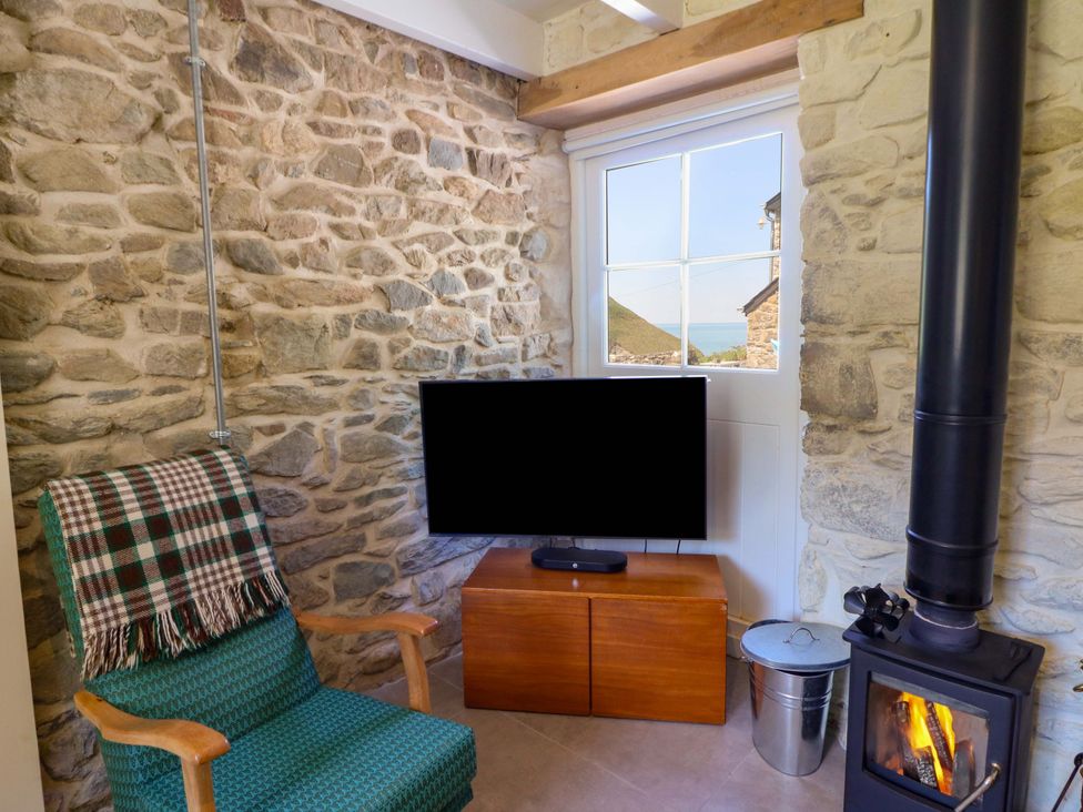 A living room with a television and stove at Dolwylan Barn Cwmtydu near New Quay