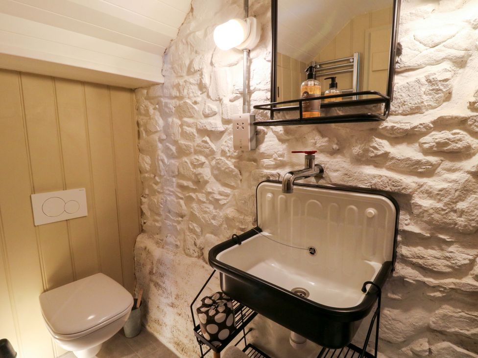 A bathroom with a toilet and sink at Dolwylan Barn Cwmtydu near New Quay