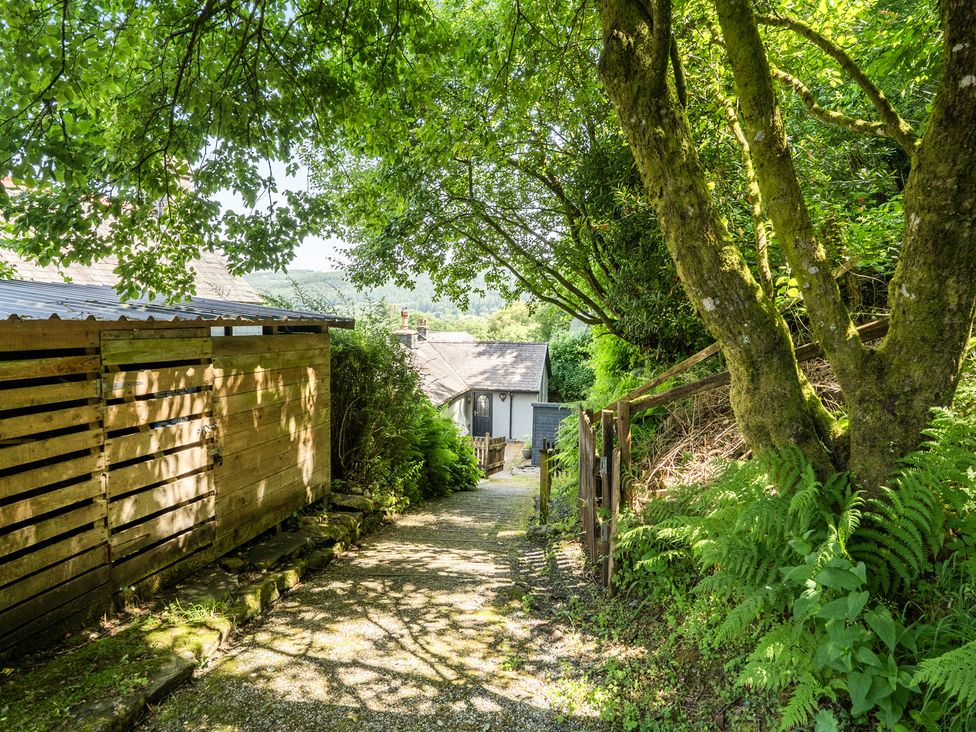 A pathway leading to a house with trees and a fence at Tyn Y Ffynnon in Betws-Y-Coed