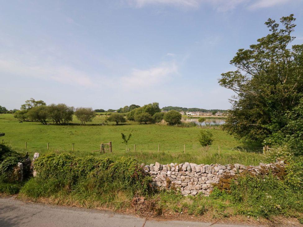 An outdoor view with grass, trees, and a stone wall at Limestone in Great Urswick