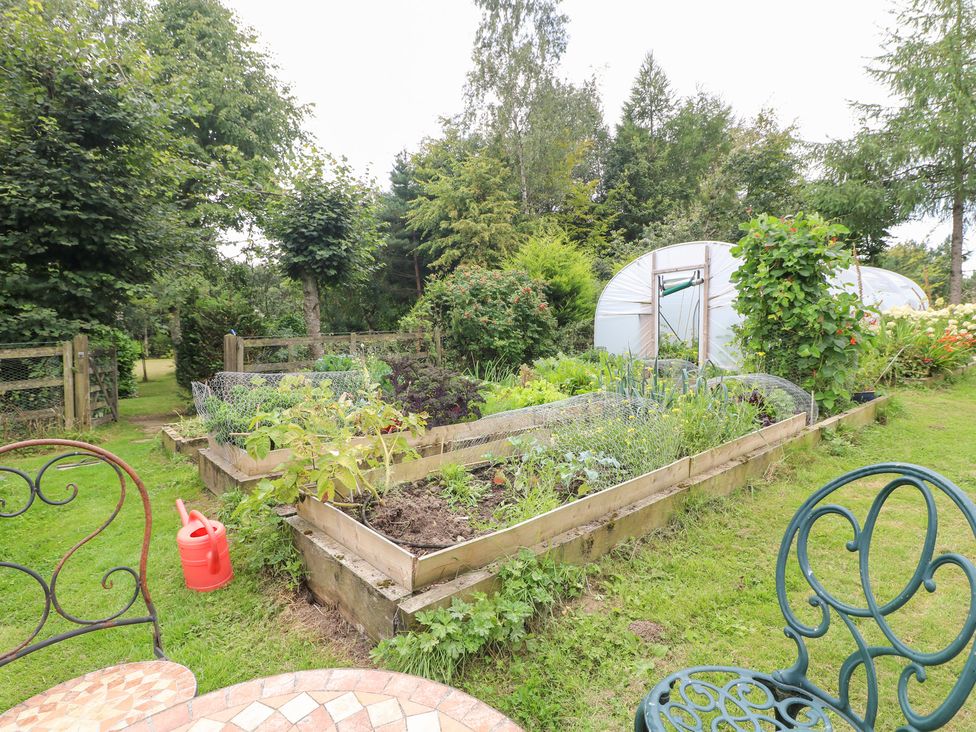 A garden with raised beds and a greenhouse at Ladycroft Barn Ashbourne