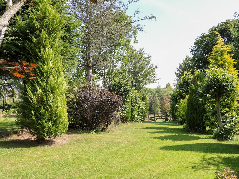 A garden with trees and a gate at Ladycroft Barn in Ashbourne