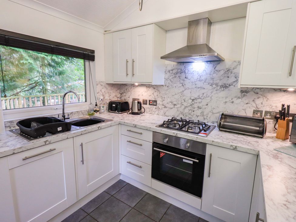 A kitchen with modern appliances and a window at Forest Pines Lodge near Bowness on Windermere