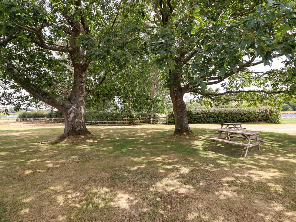 A garden with trees and a picnic table at Bodaioch Hall Trefeglwys near Caersws