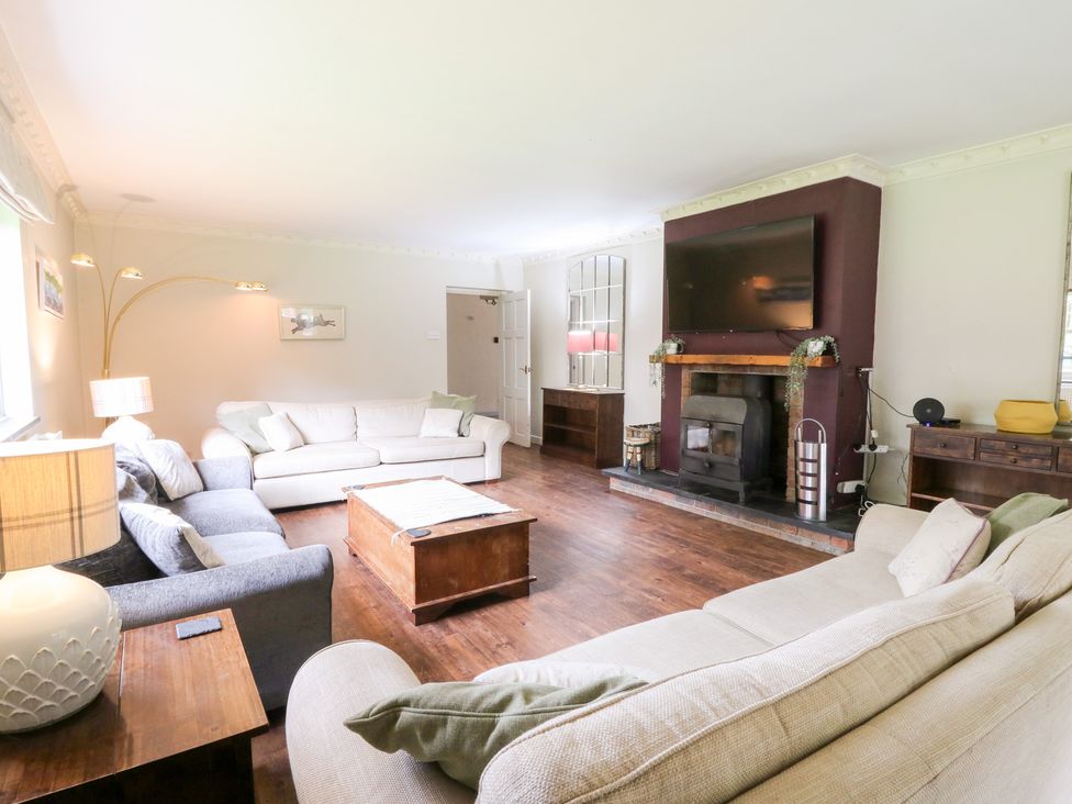 A living room with a fireplace and sofa at Tynewydd Fields in Cross Inn