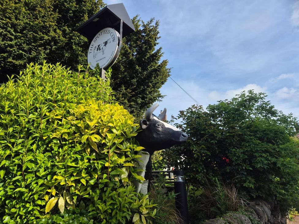 A cow statue next to a sign at The Spotted Cow in Holbrook, Derbyshire