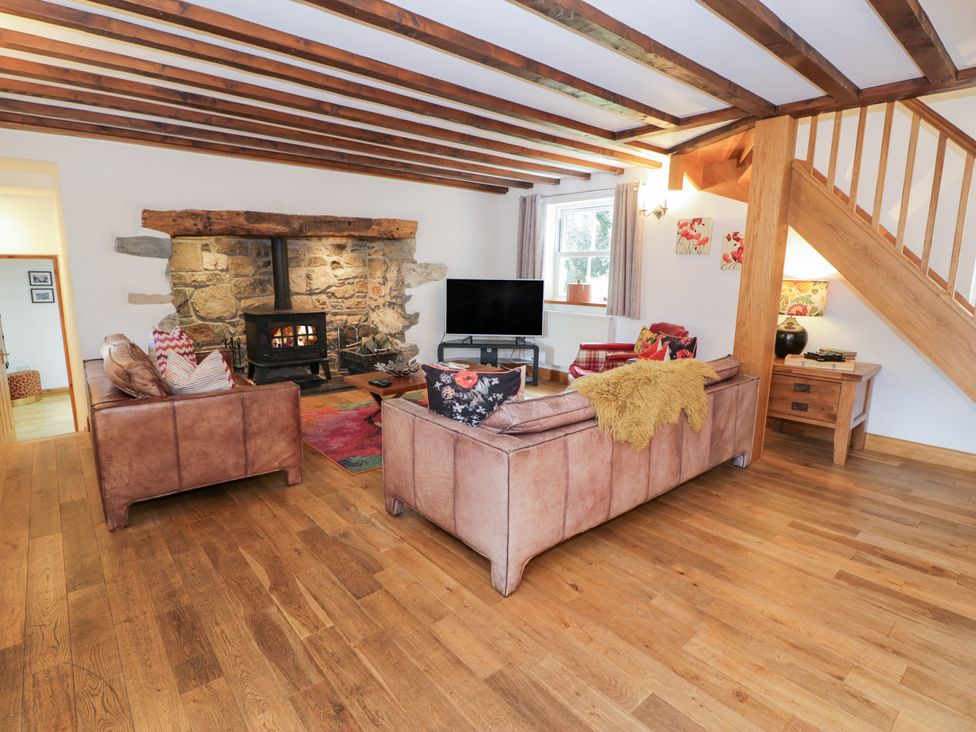 A living room with a fireplace and television at Greffyn in Betws-Y-Coed