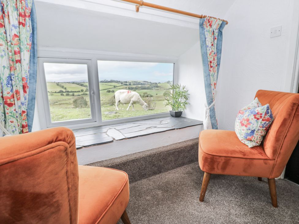 A snug with chairs and a view of a cow at Orsedd Wen Farmhouse Betws-Y-Coed