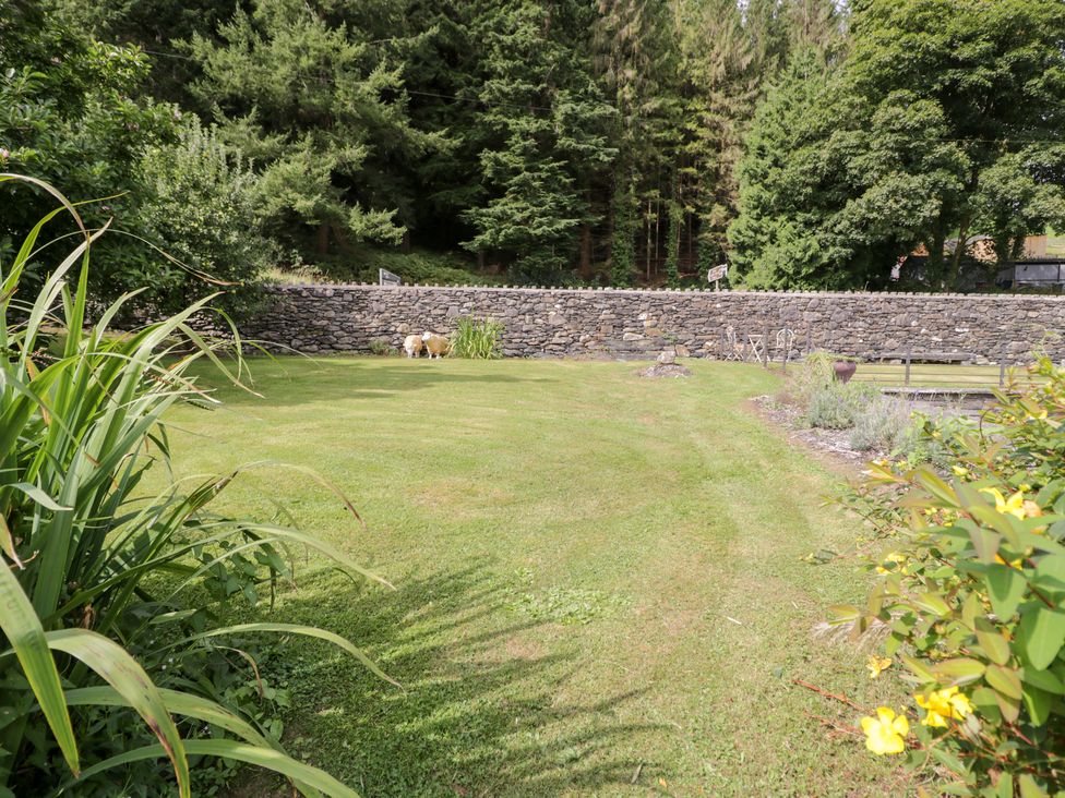 A garden with grass and a stone wall at Pengwern Bach in Llanrwst