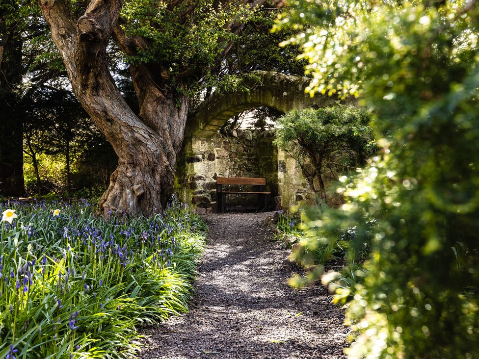 A garden path leading to a bench and stone wall at Manor Cottage in Wooler