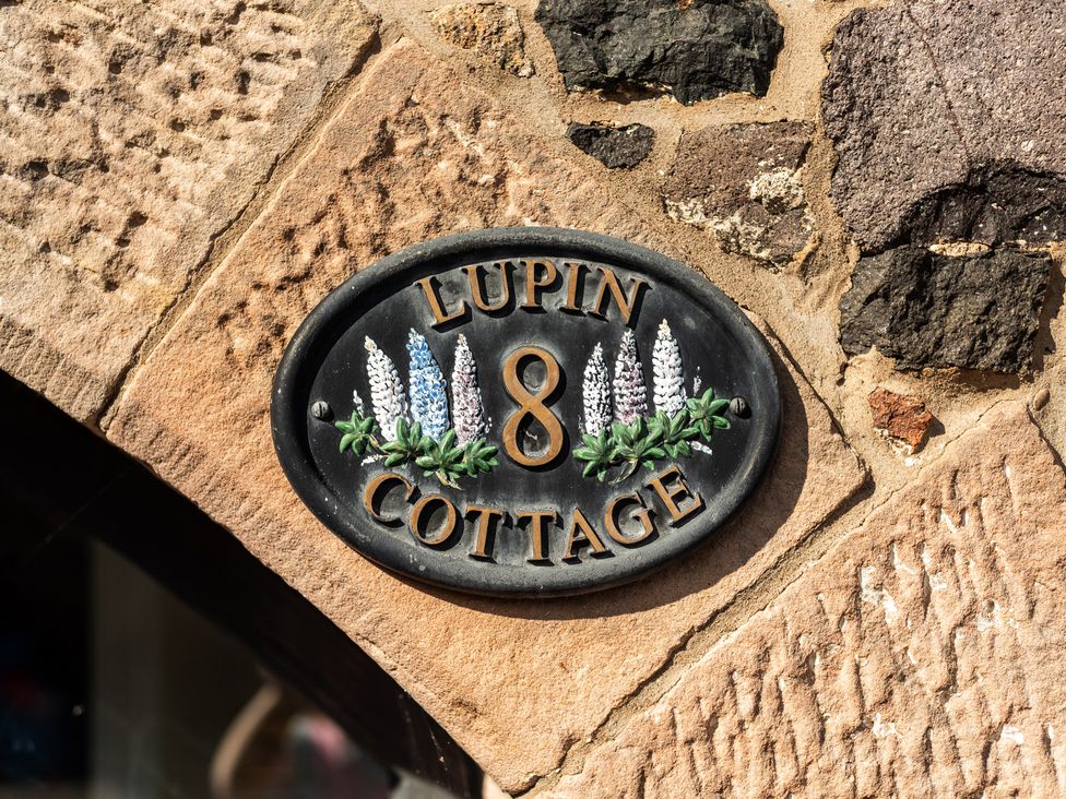 A nameplate for Lupin Cottage 8 on a stone wall at Lupin Cottage in Akeld near Wooler