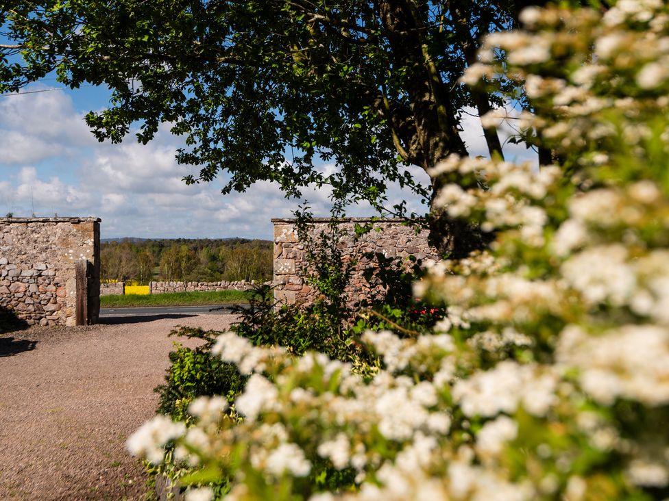A garden with a path and stone walls at Tile Rouge in Wooler