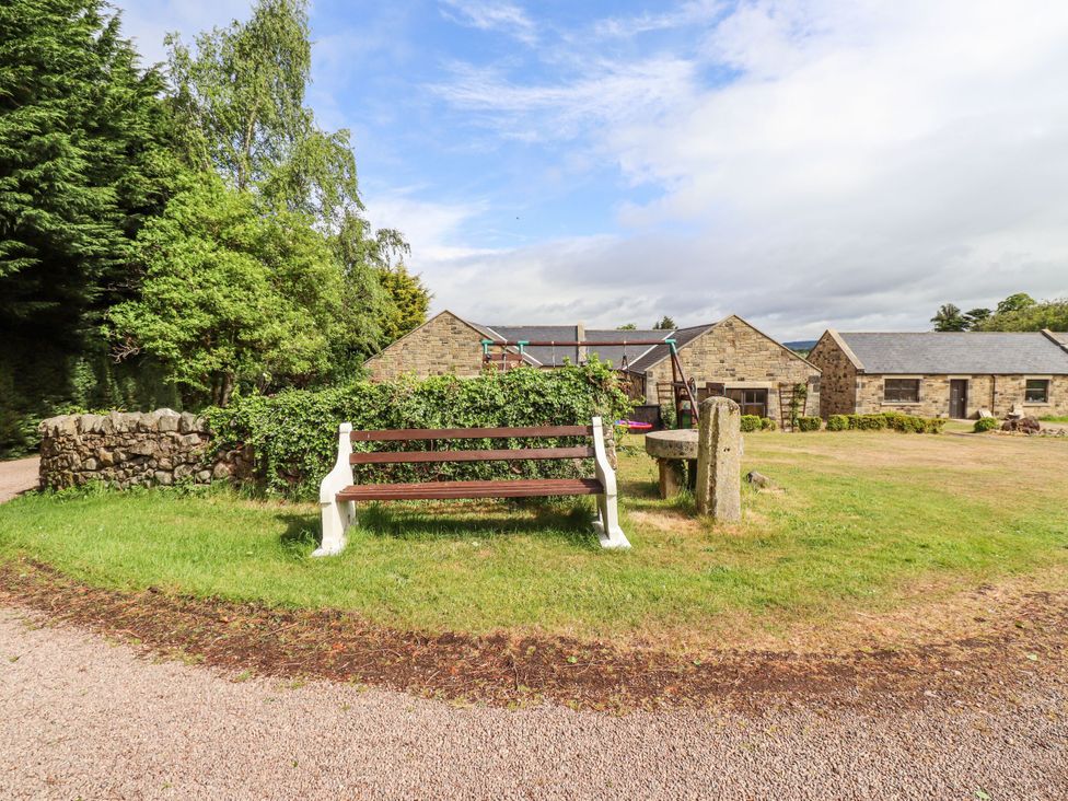 An outdoor area with a bench and stone wall at Hollyhock in Akeld near Wooler