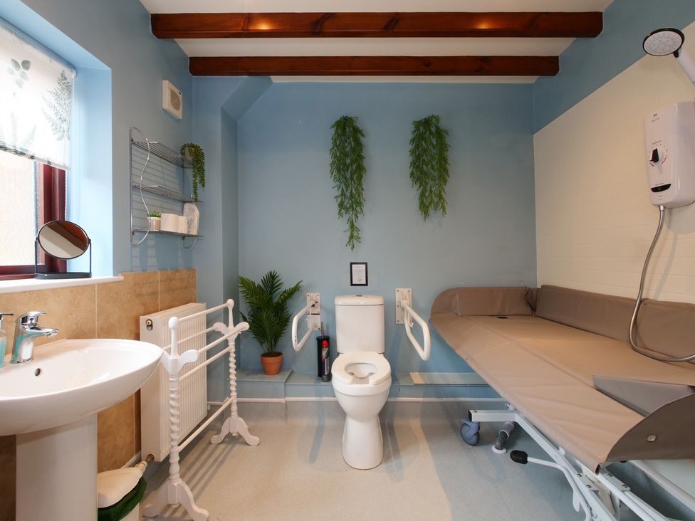 A bathroom with a toilet, sink, and a shower at Scoresby Cottage @ Summerfield Farm, Hawsker