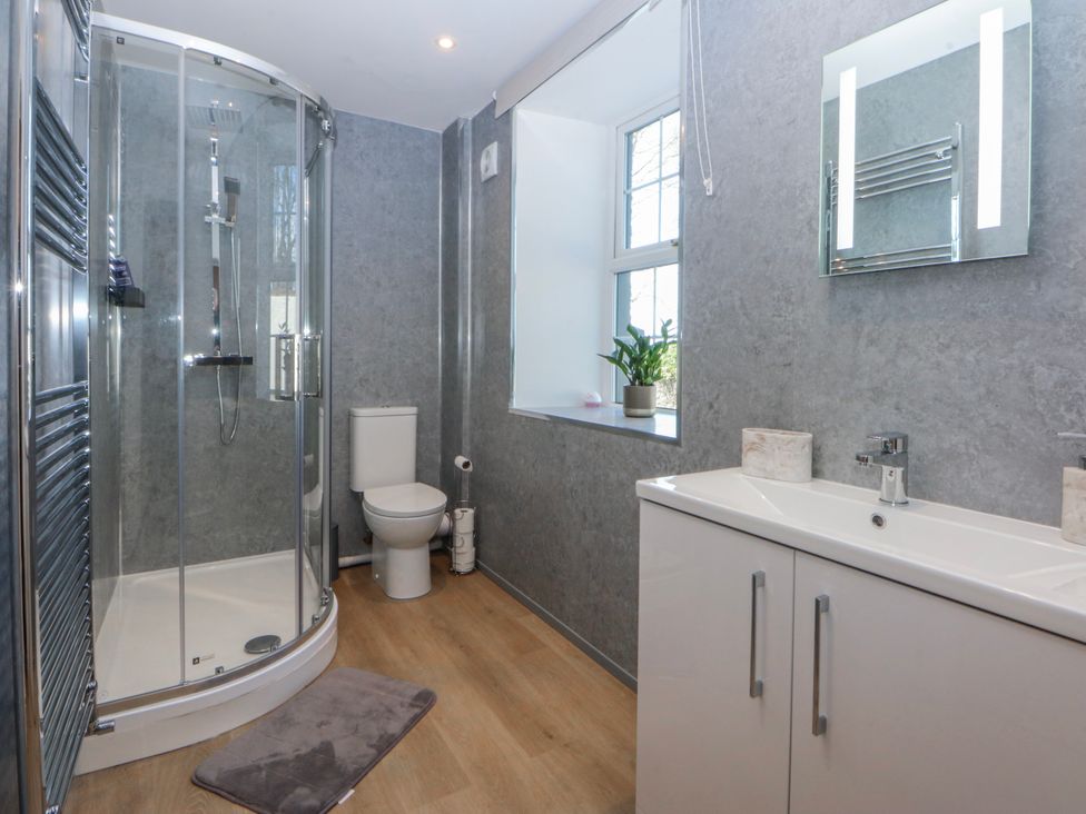 A bathroom featuring a shower, toilet, and sink at Gate House Capel Coch near Llanerchymedd