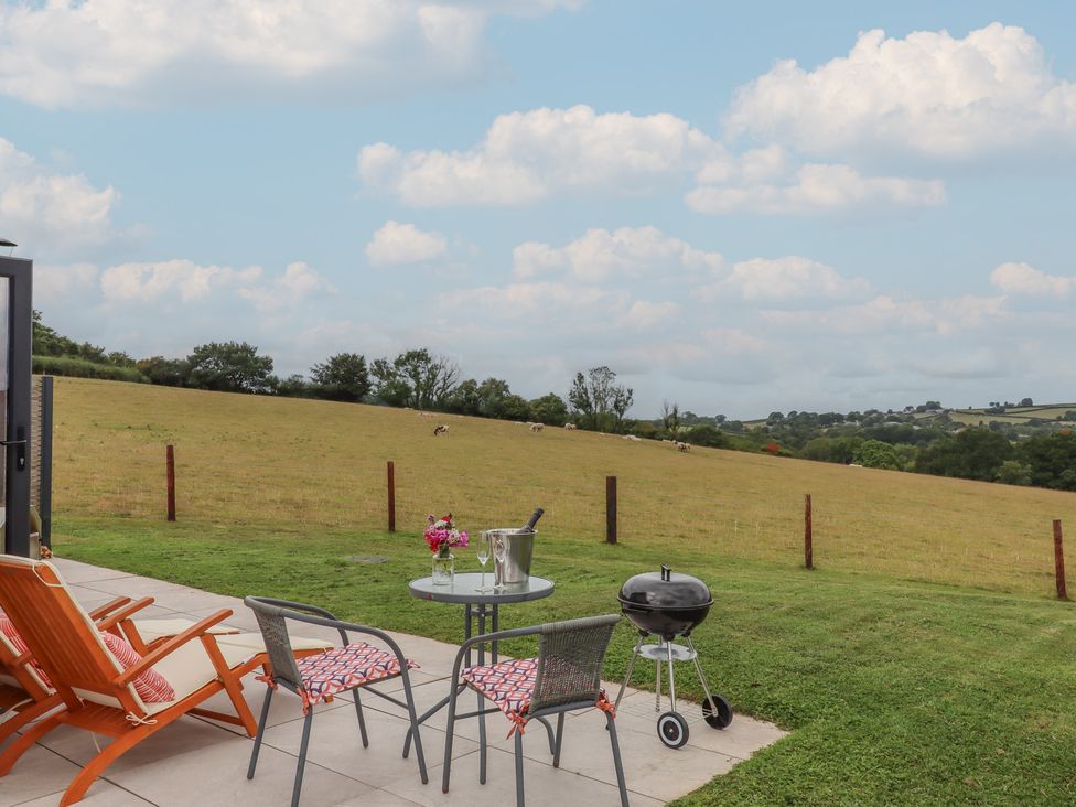 A garden with a table and chairs and a grill at The Cadeleigh in Cadeleigh near Tiverton