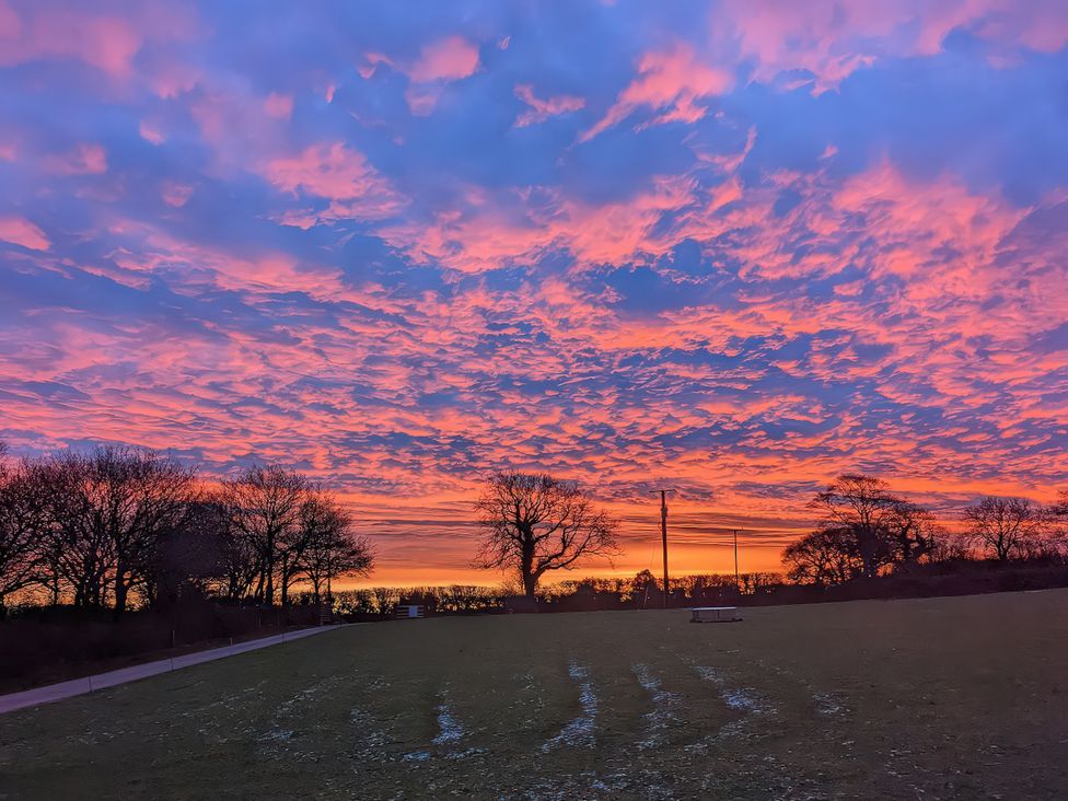 A landscape view of trees and a colorful sky at The Cadeleigh near Tiverton