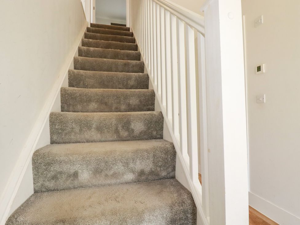 A staircase with carpet and a handrail at Chi Gwynn in Crantock