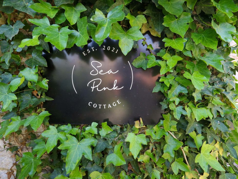 A sign for Sea Pink Cottage surrounded by ivy in Langton Matravers
