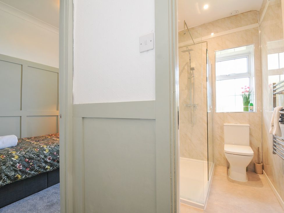 A bathroom featuring a shower and a toilet at Tor View @ Fourwinds in Meldon near Okehampton